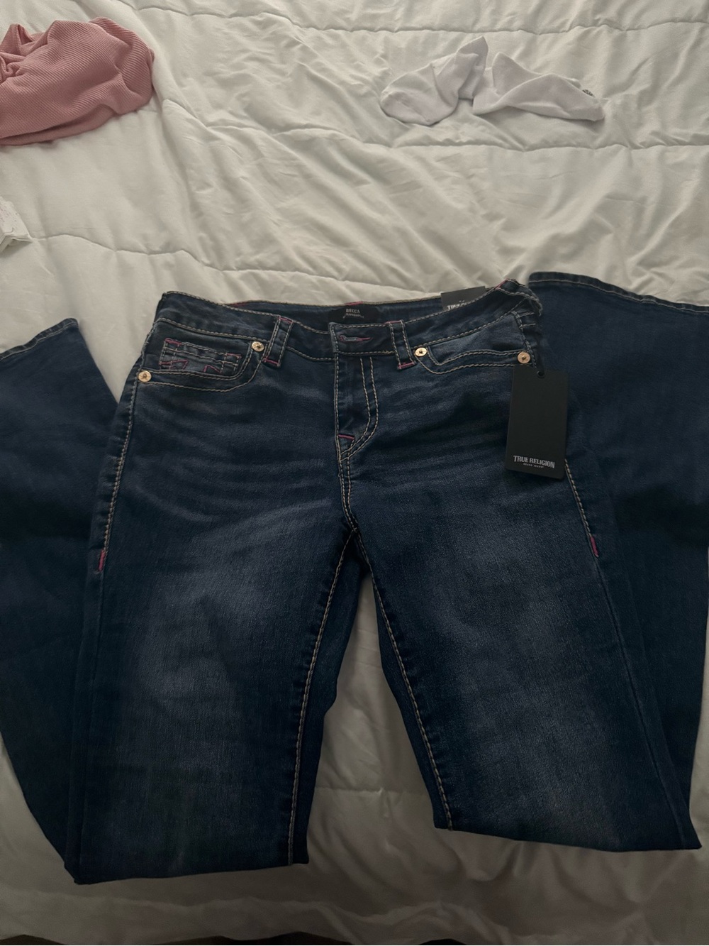 True Religion Dark Blue Straight Leg Jeans with Pink Accent